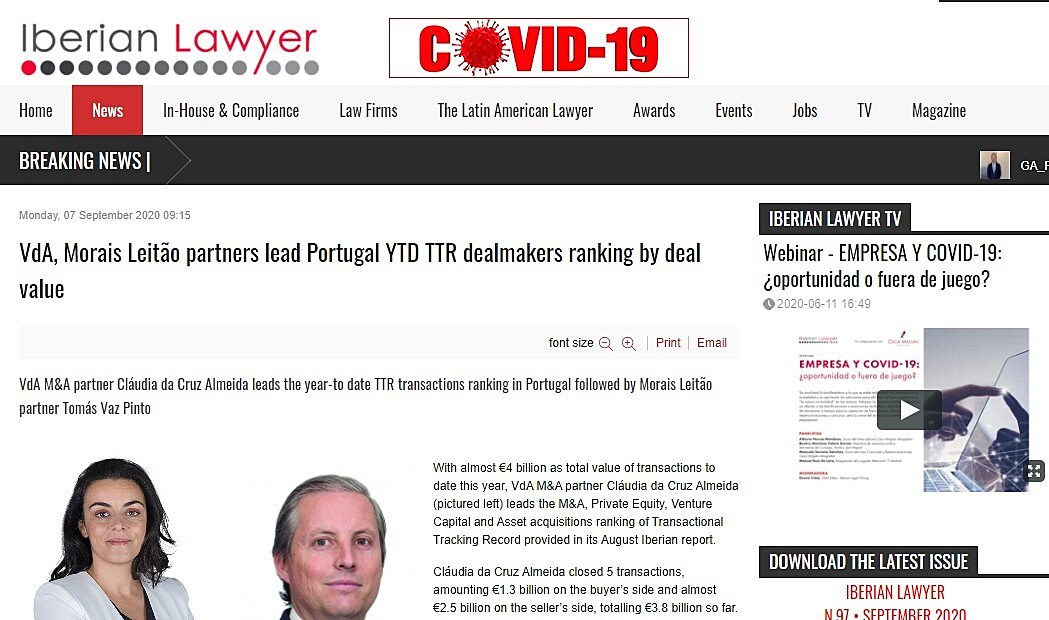 VdA, Morais Leito partners lead Portugal YTD TTR dealmakers ranking by deal value